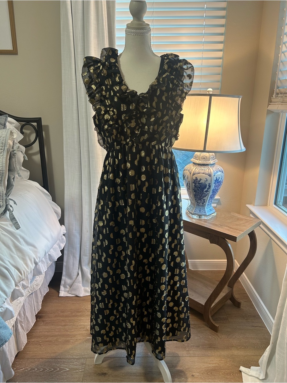 Madewell Metallic Black Maxi Dress with Gold Foil Accents